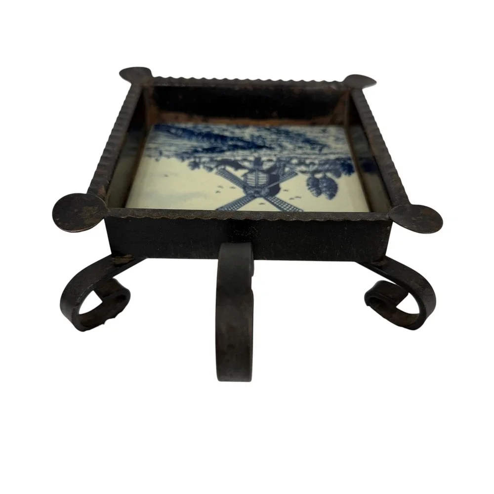 Vintage Delft Blue Hand Painted Windmill Tile Wrought Iron Footed Ashtray‎